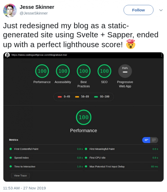 Just redesigned my blog as a static-generated site using Svelte + Sapper, ended up with a perfect lighthouse score!