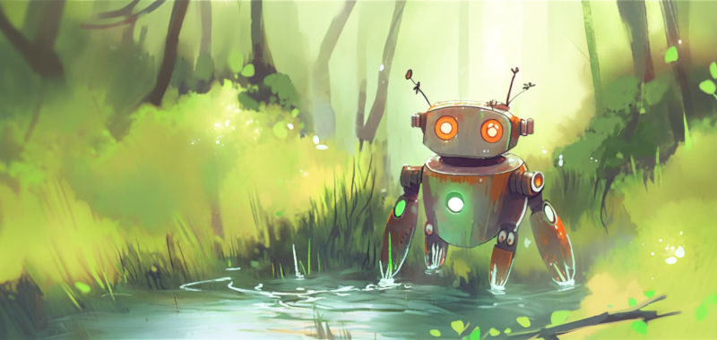 A watercolour illustration of a robot slowly wading through a swamp