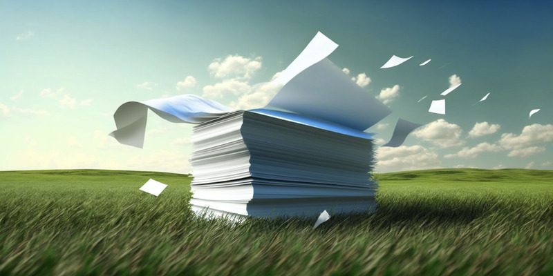 A stack of paper in a field blowing away in the wind