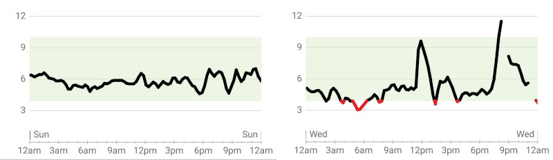 My blood sugar charts from two days