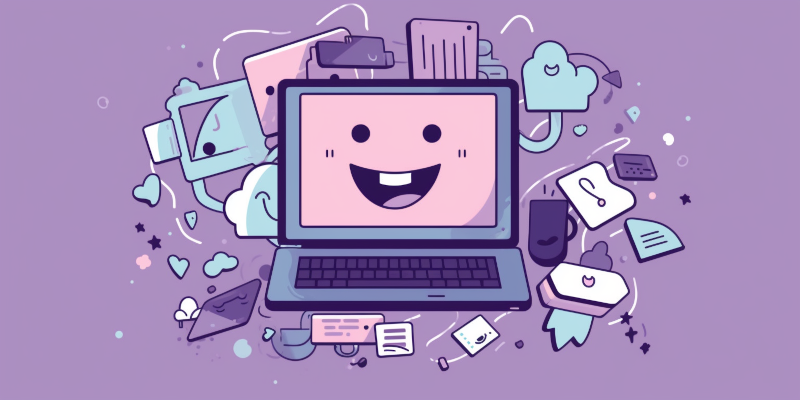 Cartoon of a happy laptop surrounded by snippets of code